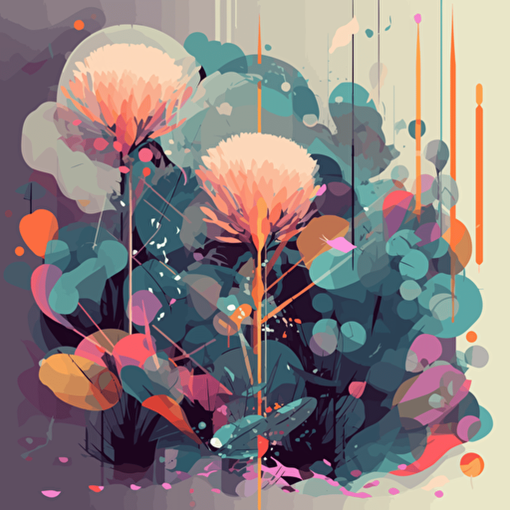 flat random shapes, flowers and plants, image, in the style of fluid geometric shapes, eve ventrue, vector art, modern, minimalistic, flat backgrounds, exotic atmosphere, adventure themed, svetlin velinov, positive vibes