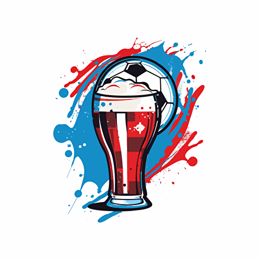 soccer logo club with soccer ball falling into a glass of beer, red and blue stripes, modern, white background, vector,