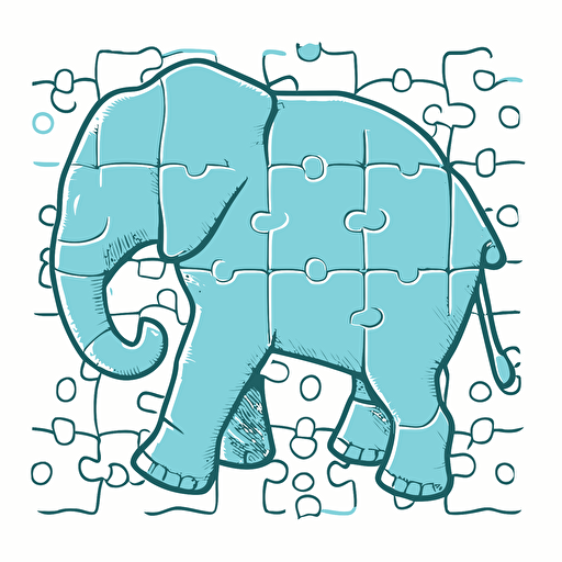 Create simple and elegant vector logo 2D baby elephant in aquamarine blue color, divided inside the outline into puzzle tiles, leaving one tile outside the elephant