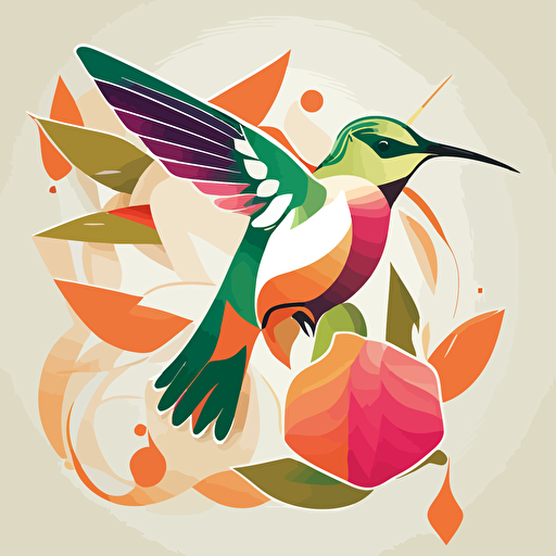 Pop Art Deco Hummingbird, Vector, Logo, minimal, green, pink, orange , floral, fruits