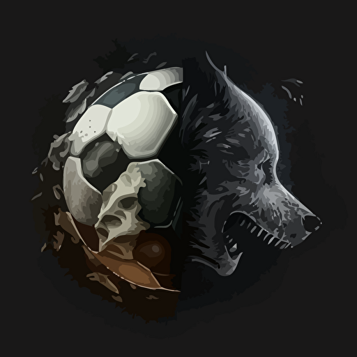 half soccer ball on the left side, half wolf head on the right side, vector image, black background