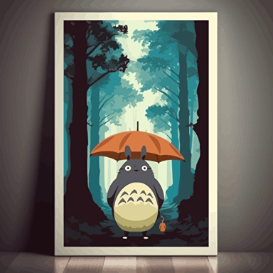 Movie poster, minimalist, vector, art deco, Minimalist movie poster, of totoro standing in a lush forest with an umbrella 2:3