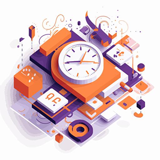 flat modern vector image of the concept of flexible schedules, complemenatry colours, bright orange and purple, high resolution, white background, creative visualization, detailed