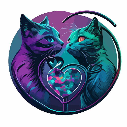 heart-shaped stethoscope logo, two cats no face in the middle, use colors purple turquoise, vector art