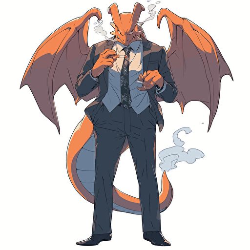 charizard wearing a business suit, smoking a cigar, vector art, 2d, white background