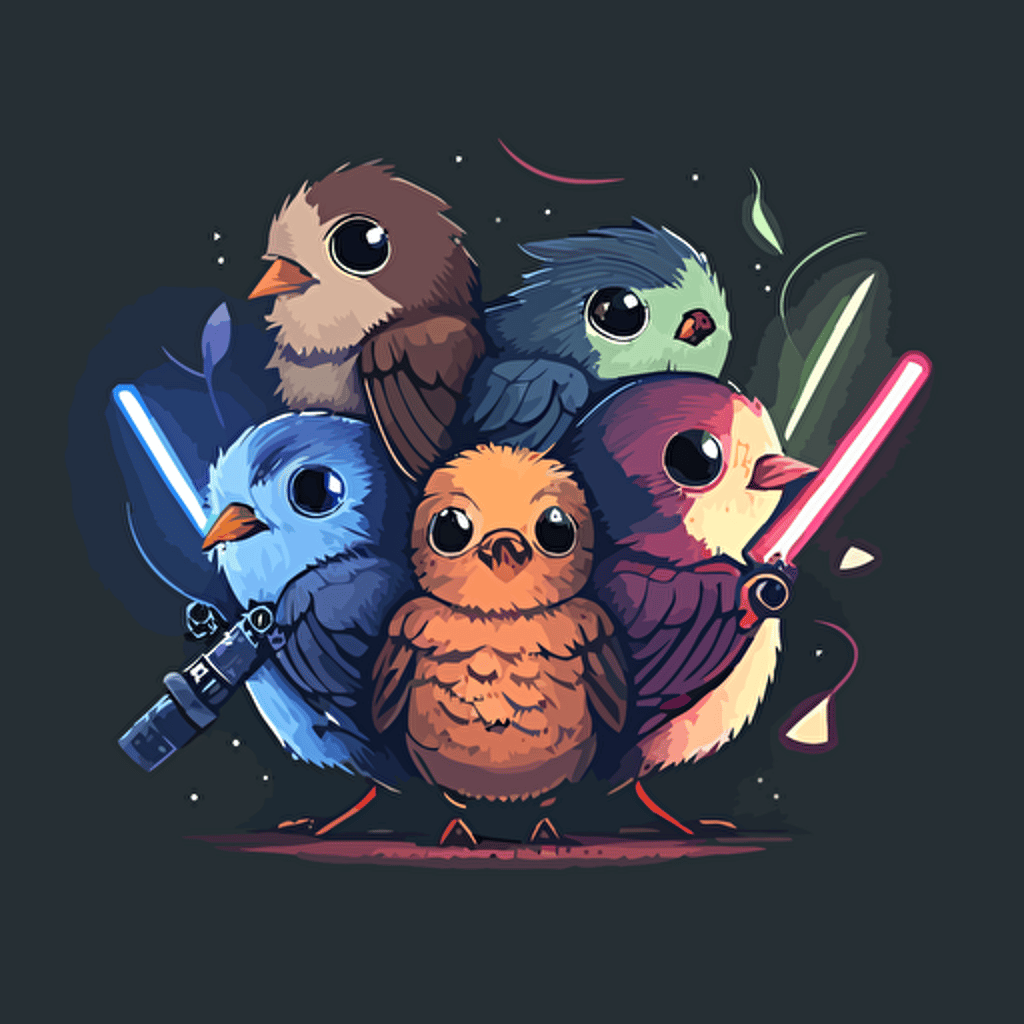 group of birds holding lightsabers vector