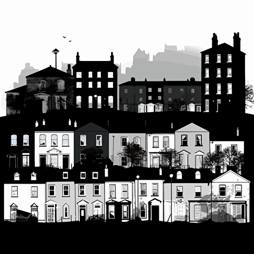 totally flat 2D vector-style silhouettes of wellngborough UK house styles, single colour, black and white only