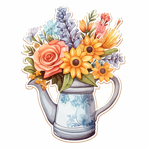 watercolor vector illustration boho clay pitcher flowers sticker white background