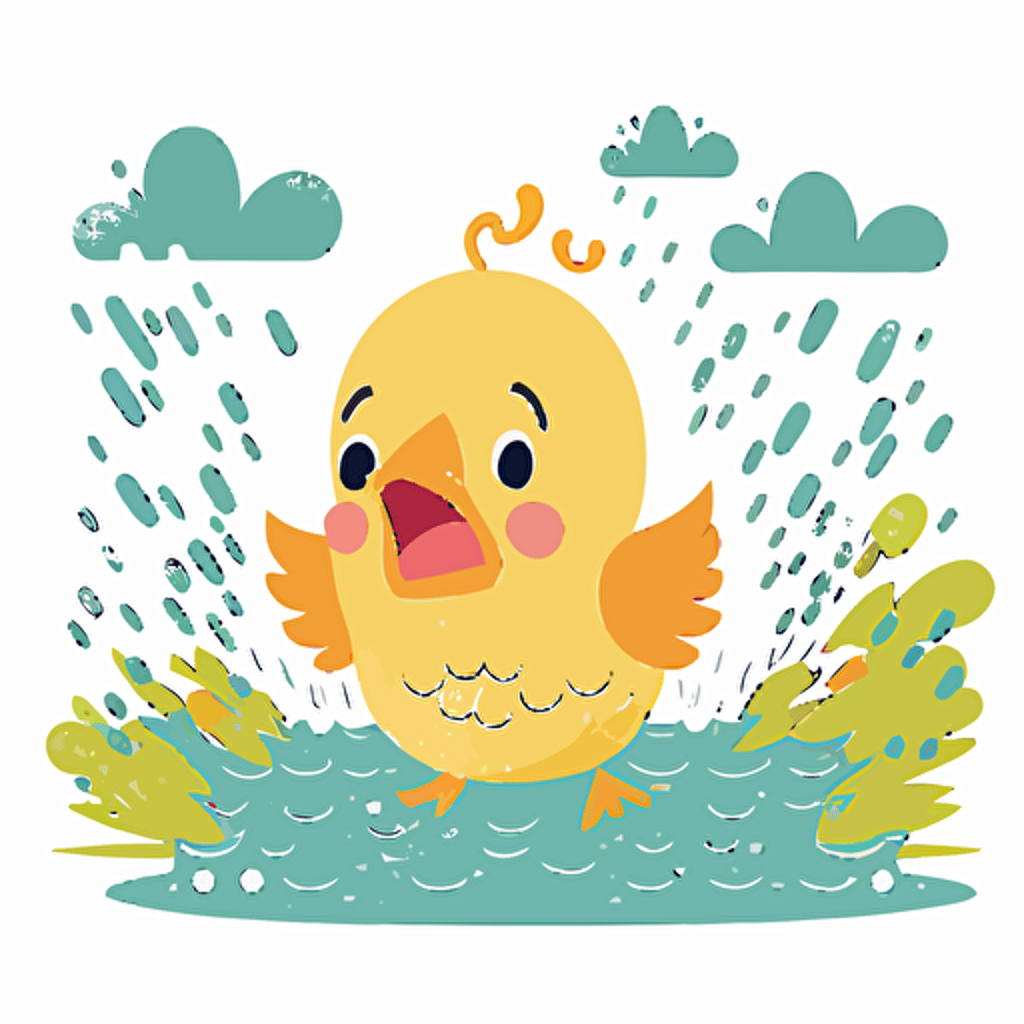 scared baby yellow chick being blown in the sky above a river, white background, flat color vector art