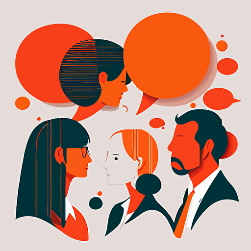 a group of people with no facial features and speech bubbles above them, simple vector corporate style, red and orange accents
