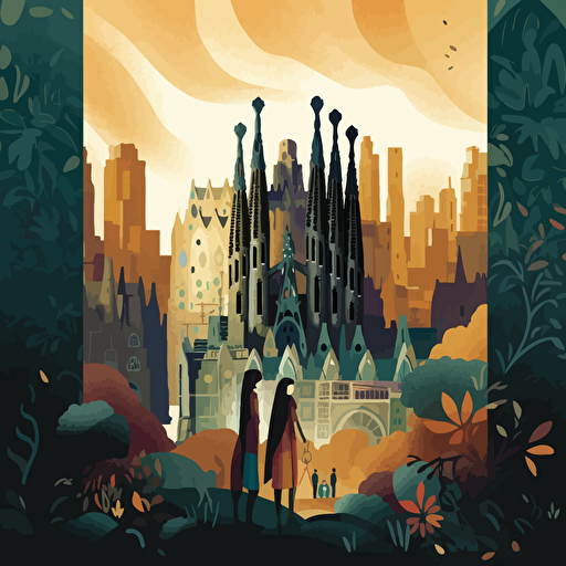 generation of an illustration for the cover of a book showing the city of Barcelona, with the Sagrada Familia, the Christ the Redeemer of Rio de Janeiro in the background, half of the illustration with light colours and the other half with dark colours, vectorial design style