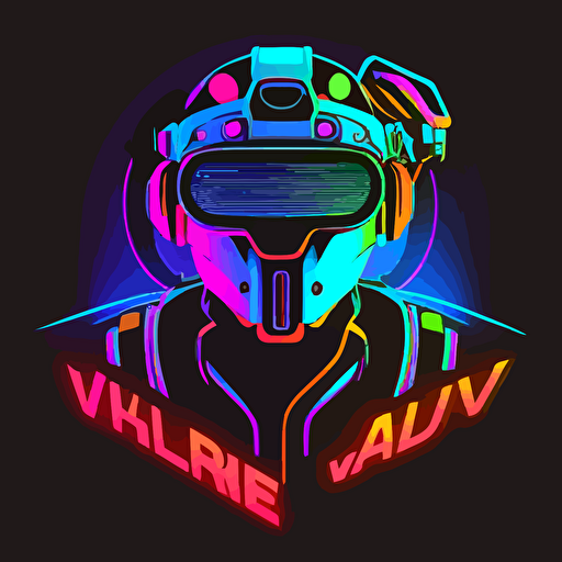 flat logo of a robot wearing a VR headset, vectorized, neon colors, used for a company that provides VR experiences