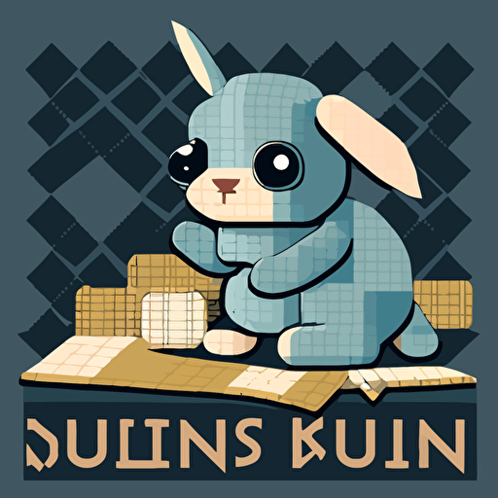 a simple vector logo of a bunny creature making a quilt