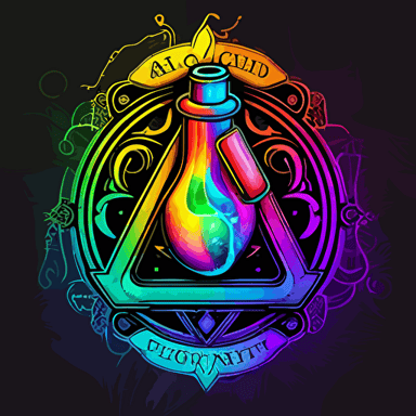 Make a highly detailed vector image of a label for an up and coming apparel company, make this design modern and simple, intense neon rainbow coloring, in the style of a 1940's alchemical symbol for the philosopher's stone, v5