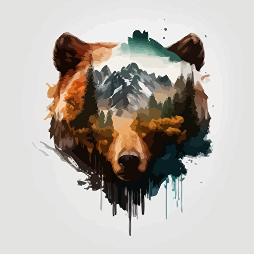 A simple logo with a Grizzly Bear, symmetrical, vector::2 revolvers behind the head:: Mountains in the background:: On a white backdrop, v 5