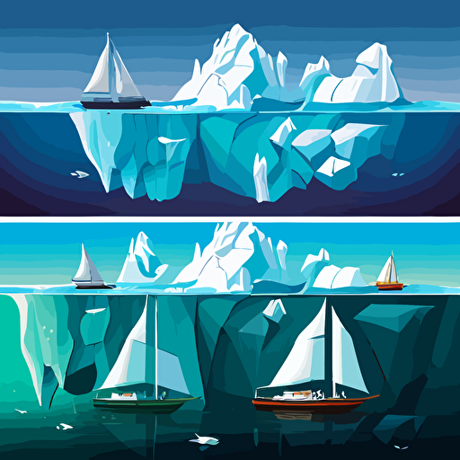 four icebergs in a row of different sizes followed by boat at the right end, in the ocean, vector image