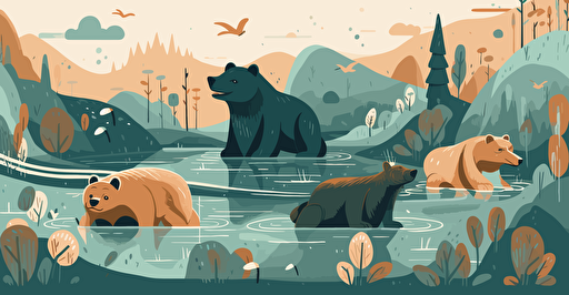 vector illustration of water and bears in a river, in the style of light teal and light brown, animated gifs, eclectic collages, playful and whimsical depictions of animals
