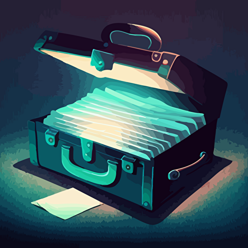 illustration of a briefcase with some paper coming out of it. vector, moody, contrasting shadows.