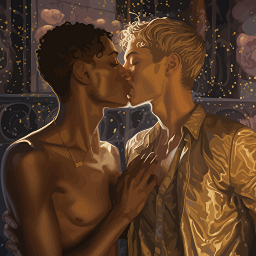 close-up of two flirtatious young gay men at a nightclub playfully leaning in for a romantic kiss, tanned chest, defined abs, gorgeous composition, highly detailed, soft lighting, dynamic pose, vector, style of yoann lossel, william merritt chase, robert mapplethorpe, yoshitaka amano, keith haring, rich colors
