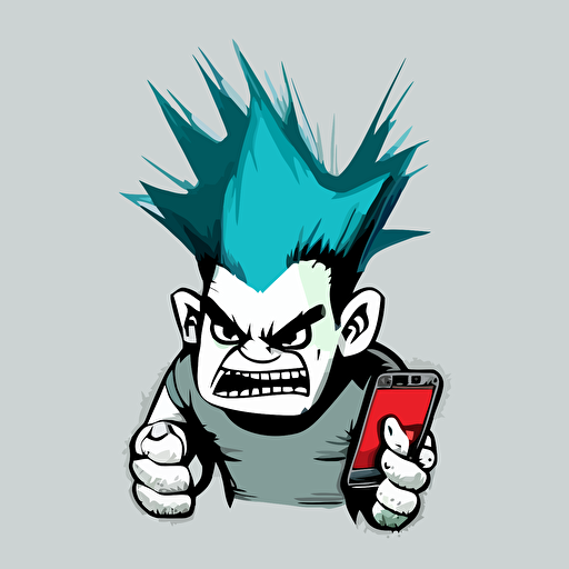 punk rock troll on a smart phone, vector logo, vector art, emblem, simple cartoon, 2d, no text, white background