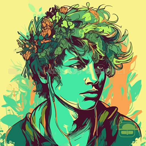 vector illustration of young man with a computer face and wild green garden hair, in vivid colors