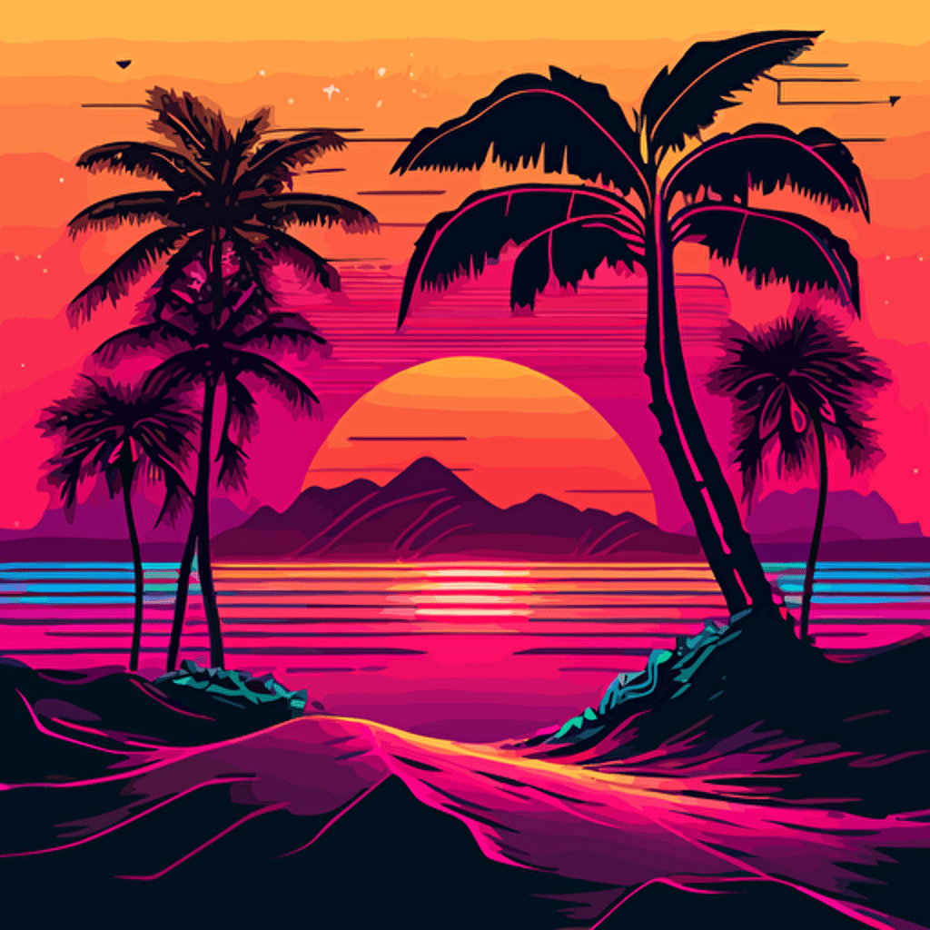 Synthwave sunset over a tropical beach. Vector art.