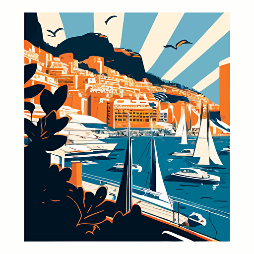vector image of Monaco harbour, lined with yachts, using only orange and blue colours, simple cartoon style shading, very simple, blue skies, hill, grand prix