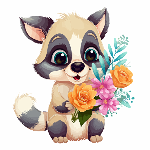 cute animal with flowers, detailed, cartoon style, 2d clipart vector, creative and imaginative, hd, white background