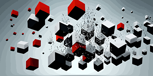 minimalist, vectorized, red white and black colors, print layer , delicacy, elegant, 11 small glass cubes flying in the sky