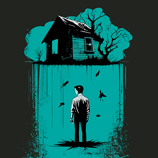 minimalistic Psycho film house:: cyan and black, retro comic ,vector
