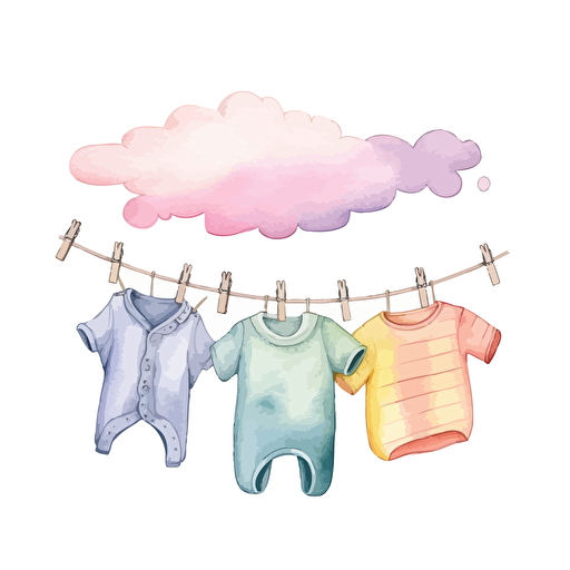 cute whimsical watercolor design of baby clothes hanging on clothespin, vector