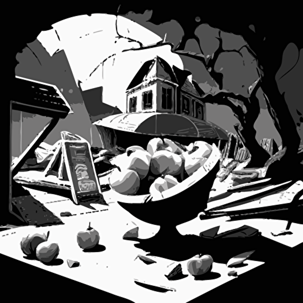 Black and WHite vector illustration of broken fruit stands in town