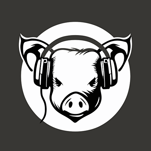 a logo for a dj, with a face pig like the meaning focus with a headphones around his ears, black and white, simple, no textures, plain color, simple, no to much details vector style