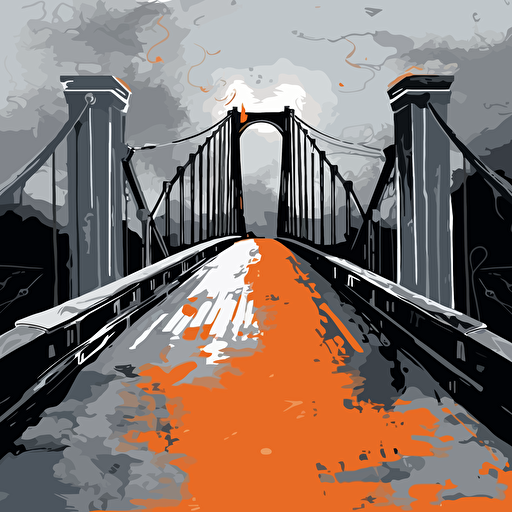 a vector image of a bridge leading to a prison, black and orange and dark gray, graffiti style