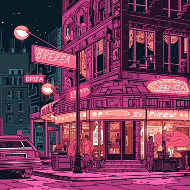 a pizzeria diner in the city street at night illustration, night lights, pizza restaurant, 70s comic book cover, vector, magenta background, highly detailed