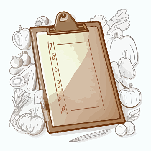 clipboard with an item list on it, surrounded by fruits and vegetables, vector line drawing style