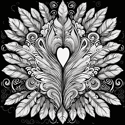 a feather plume made with hearts for a birthday card that is a simple black and white vector line drawn so I can color later