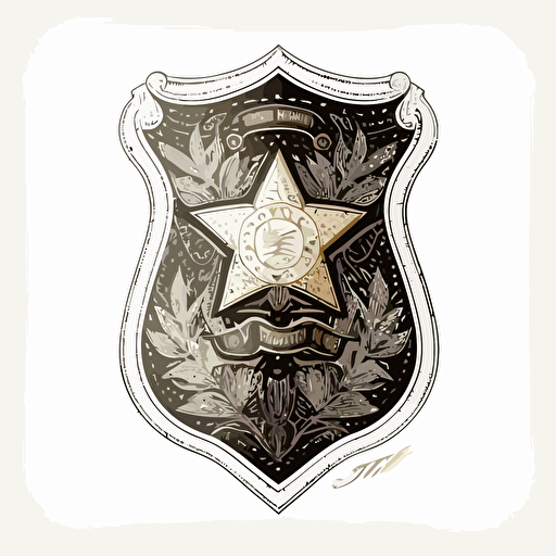 Illustration vector design, Embroidered antique Sheriff Badge, black and white, clean details, cartoon art style, isolated on white background, golden ratio