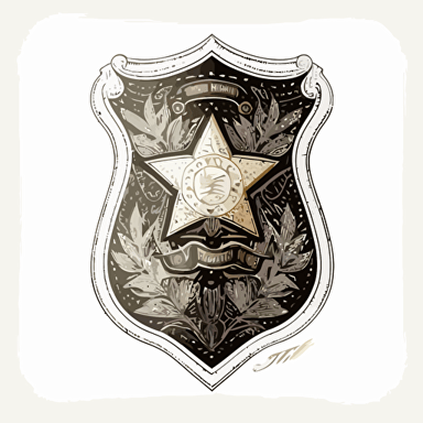 Illustration vector design, Embroidered antique Sheriff Badge, black and white, clean details, cartoon art style, isolated on white background, golden ratio