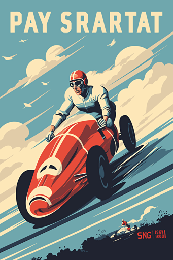 poster art, racing sport event from 1940's, blue sky, clear light colours, minimalistic vector style,