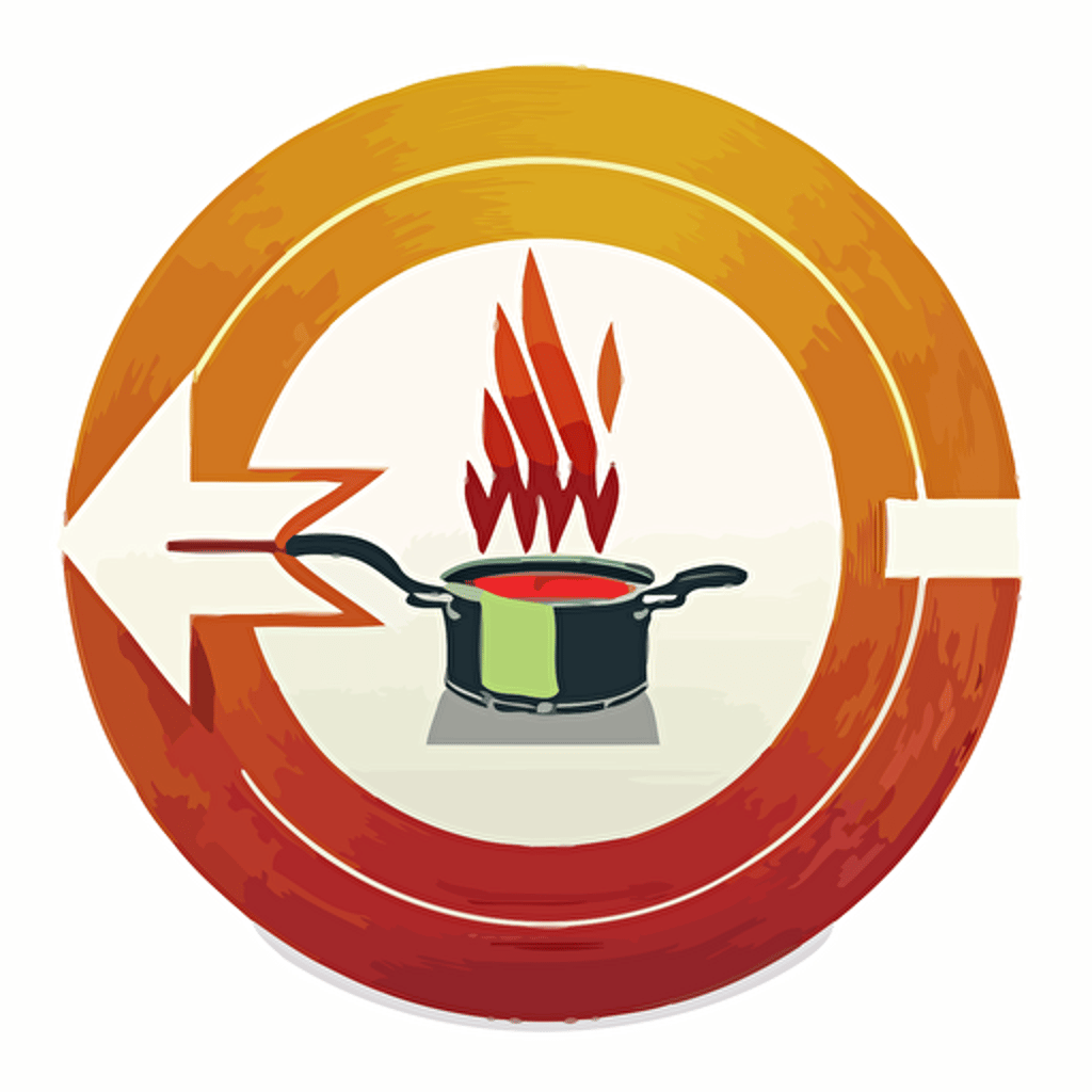 a logo of a saucepan, surrounded by a round arrow, on an induction symbol, with heat wave above, simple, vector
