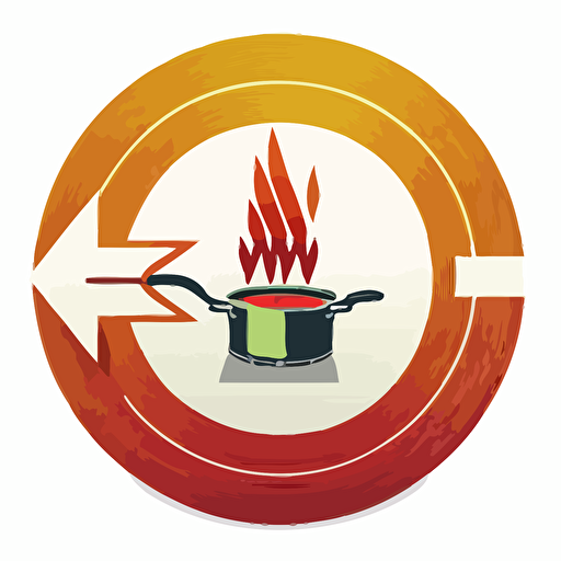 a logo of a saucepan, surrounded by a round arrow, on an induction symbol, with heat wave above, simple, vector
