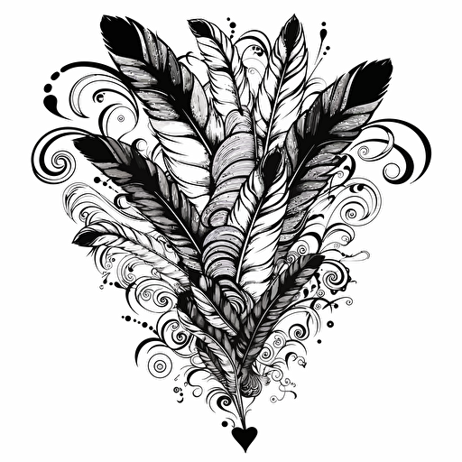 a feather plume made with hearts for a birthday card that is a simple black and white vector line drawn so I can color later