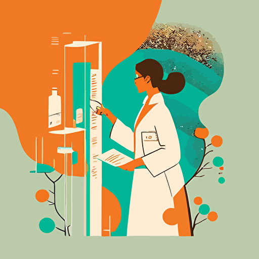 minimalistic illustration by Malika Favre, vector style, laboratory technician in a white coat holding a test tube and analyzing the quality of the company's infant nutrition products, Quality control, regulation, precision, attention to detail, innovation
