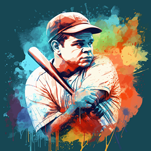 vector illustration of Babe Ruth hitting a baseball, in vivid details, in vivid colors