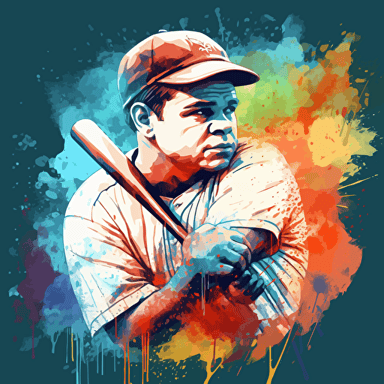 vector illustration of Babe Ruth hitting a baseball, in vivid details, in vivid colors