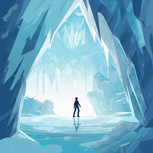 Vector illustration of Sokka, zoomed out in an ice cave, Aesthetics clean and minimalist, abstact water background, with dramatic lighting