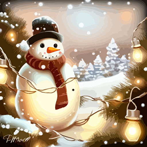 Christmas snowman on the background of a winter landscape, snowy view, christmas garland, vector illustration