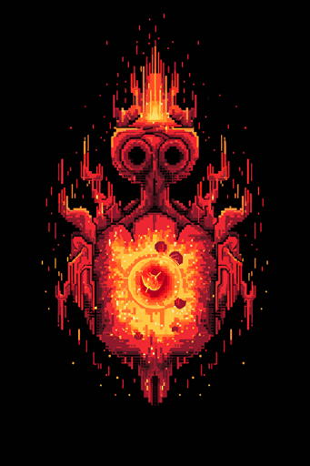 flat vector 8 bit atari pixel art style, anatomical heart on fire, sacred heart, flames