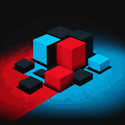 minimalist, vectorized, red and black colors, print layer , delicacy, 5 small cubes on a straight line each with different shades of red, dark background, blue